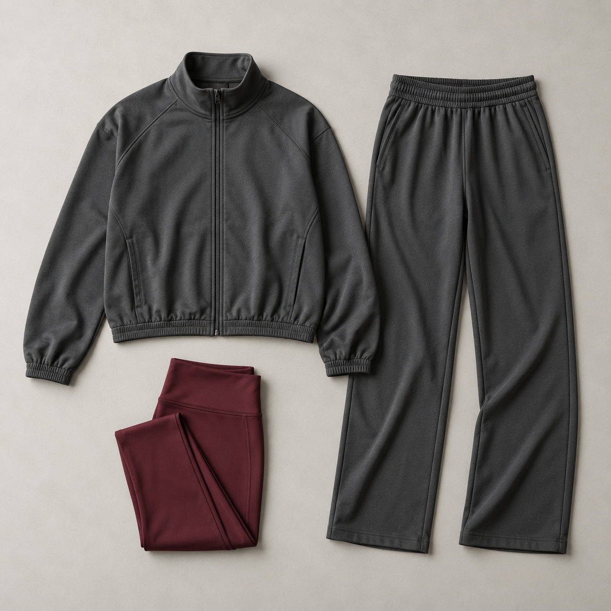 Graphite tracksuit and burgundy leggings