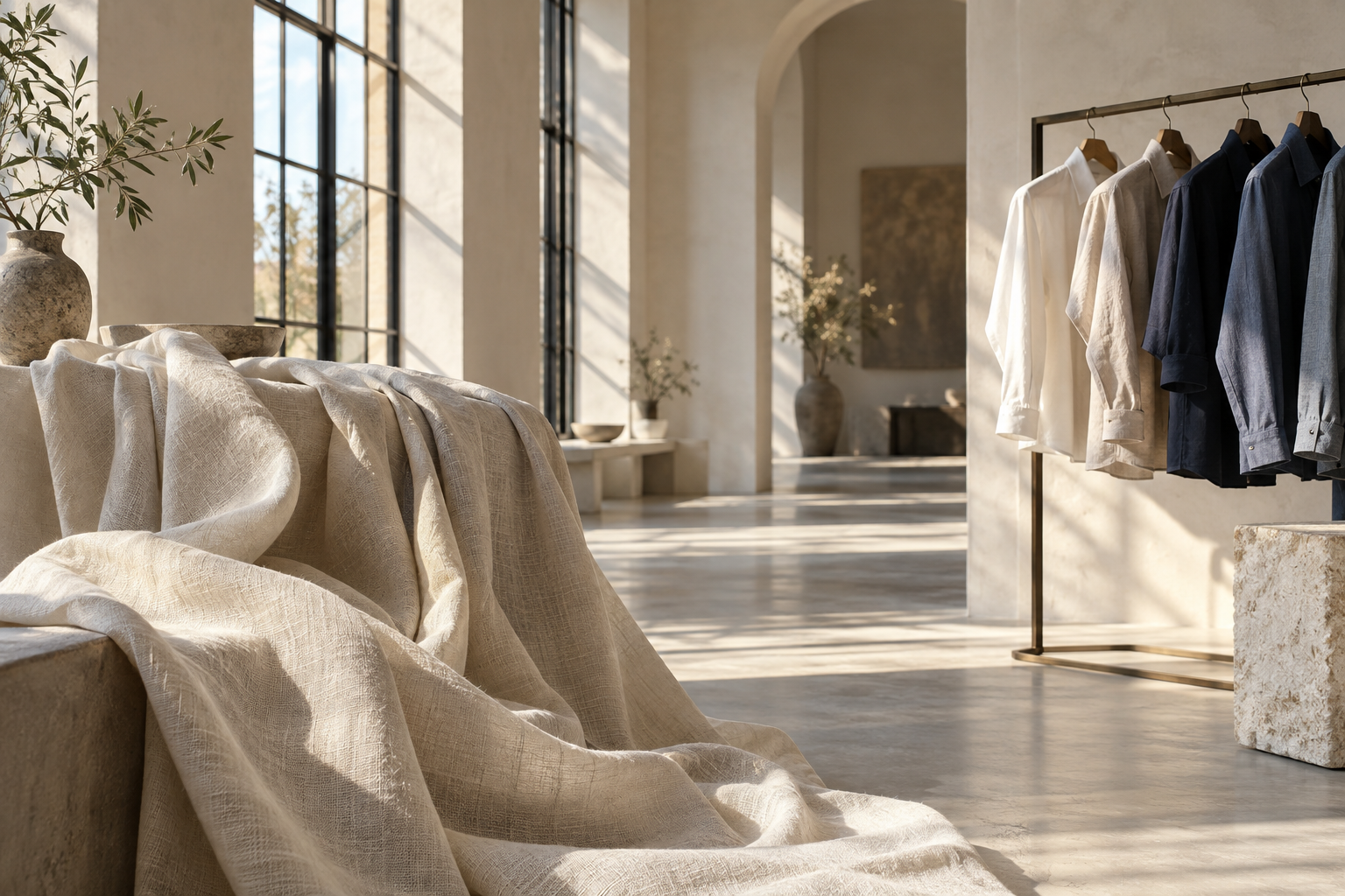 Neutral garments and linen in a sunlit apparel studio