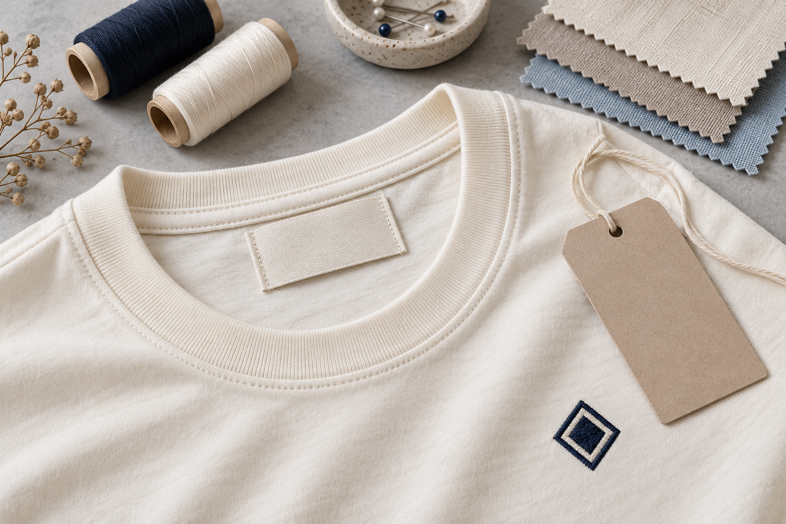 Blank garment label, hang tag, embroidery and fabric swatches