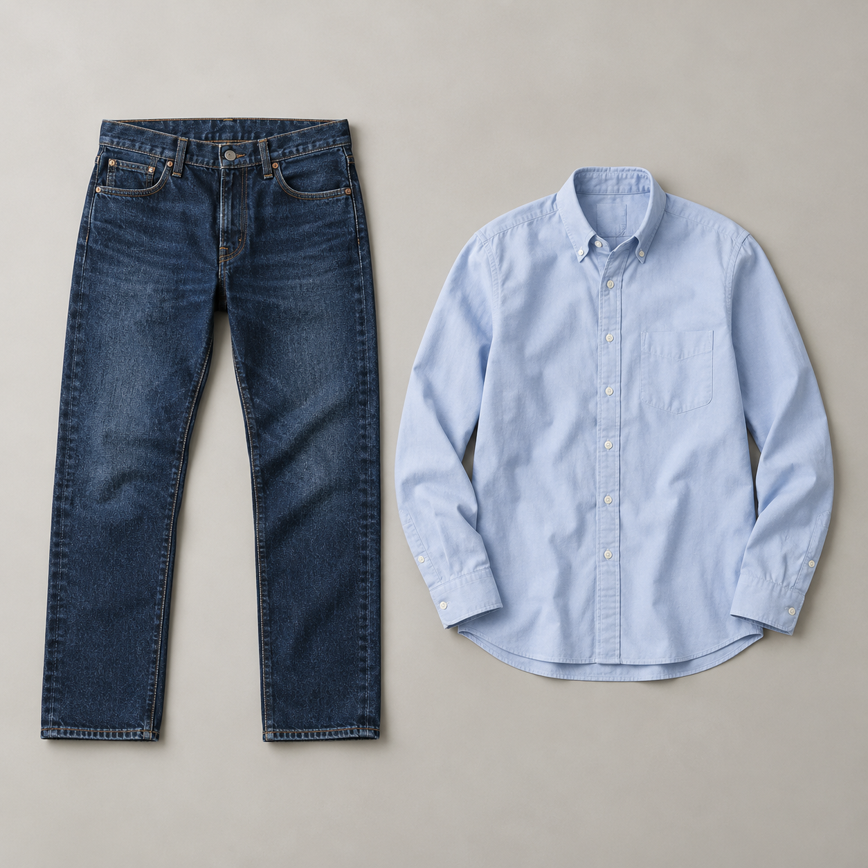Indigo jeans and light blue shirt