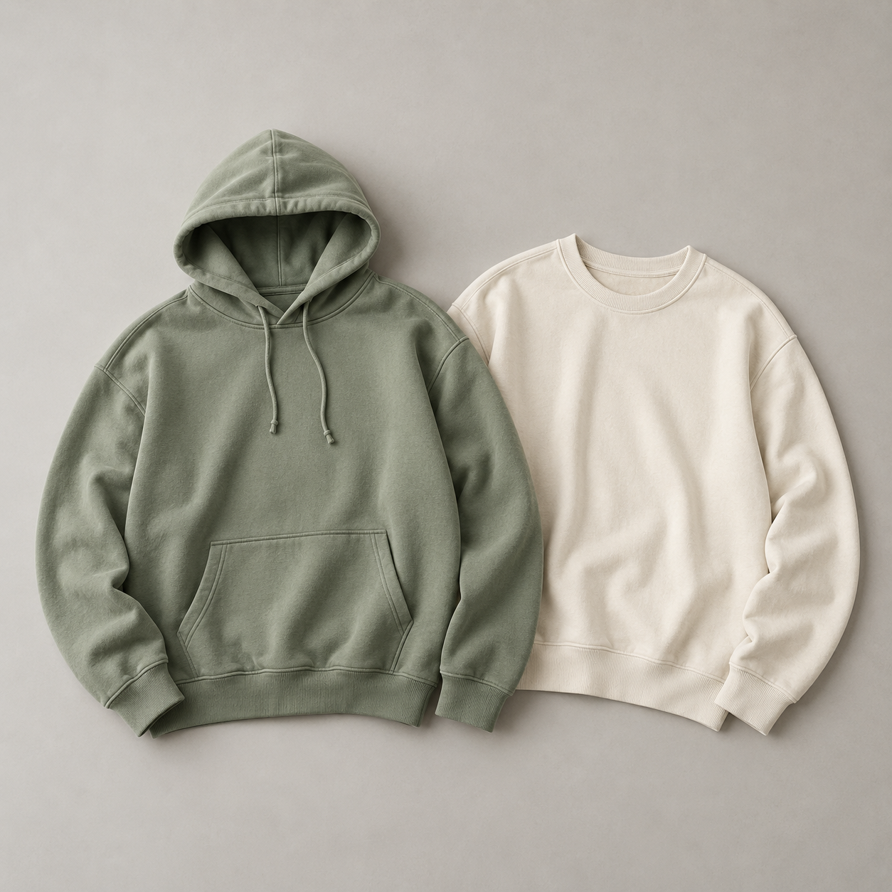 Sage hoodie and cream sweatshirt