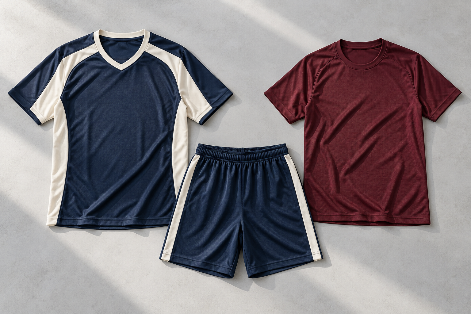 Navy and ivory sports kit with a burgundy training shirt