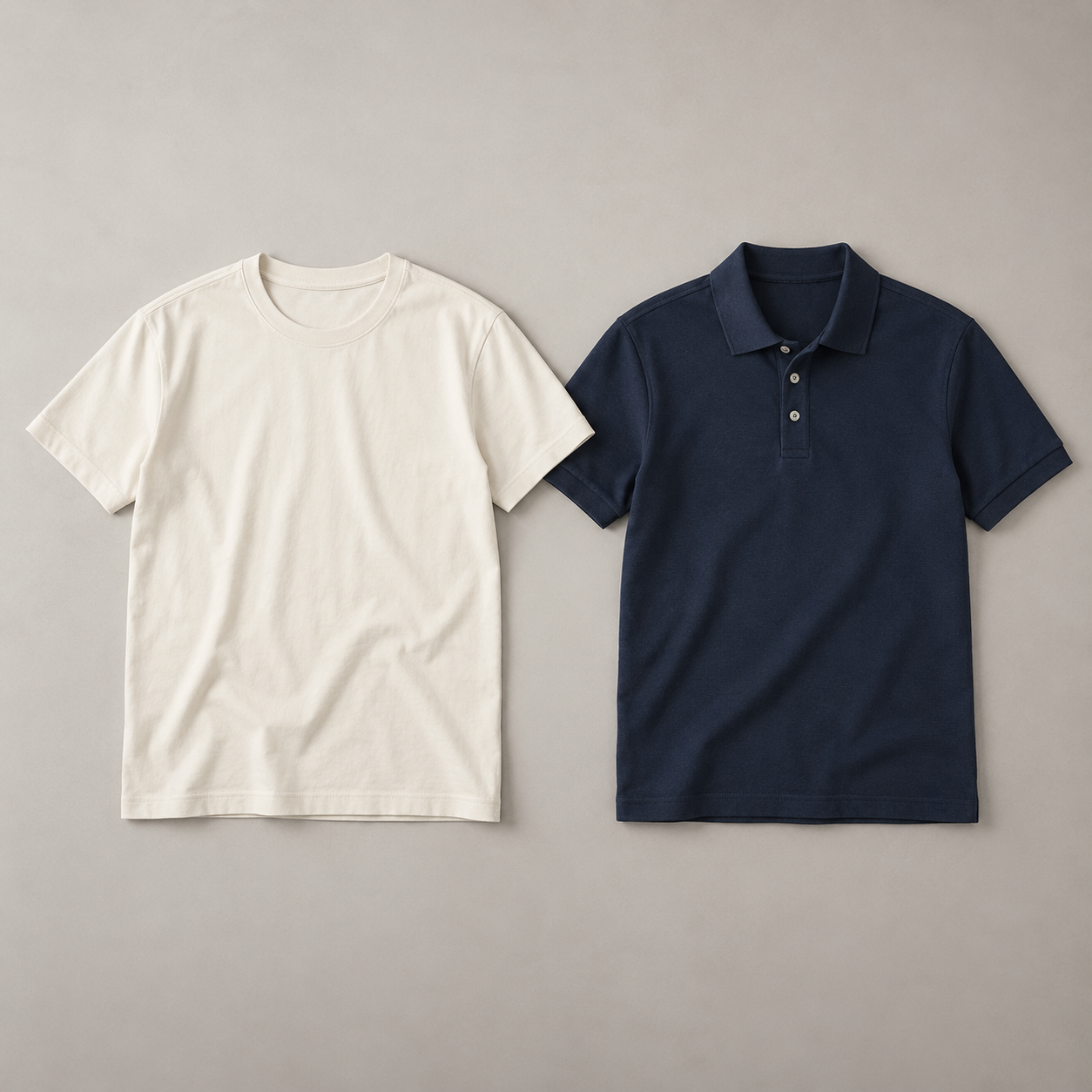 Ivory T-shirt and navy polo shirt