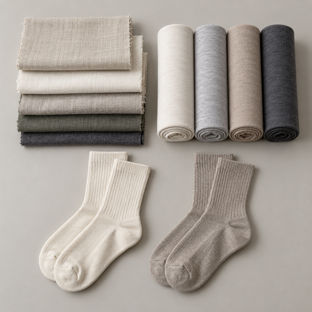 Fabric swatches, jersey rolls and socks