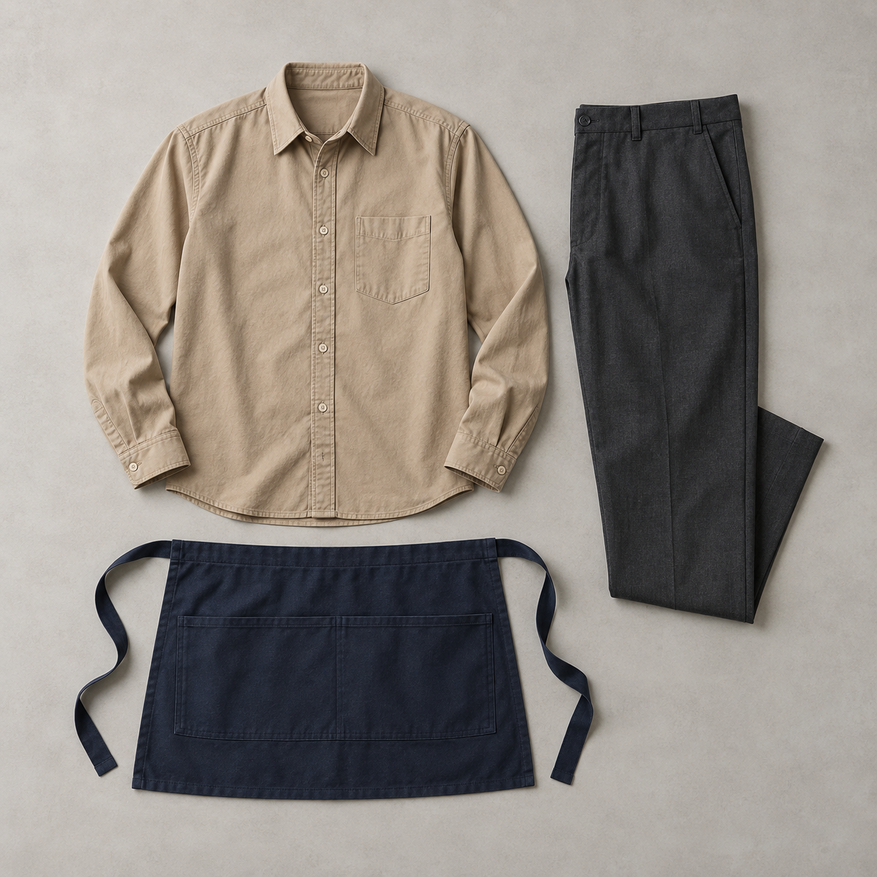Work shirt, trousers and hospitality apron